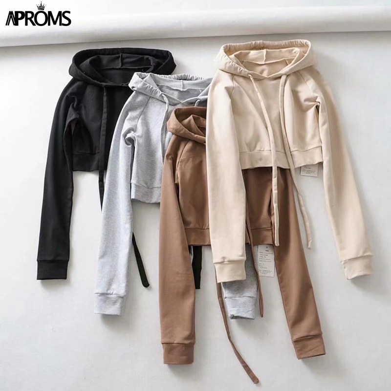 

New Solid Color Autumn Winter Hooded Hoodies and Sweatshirts Women Sexy Cropped Tracksuits Ladies Gray Short Pullover 2019