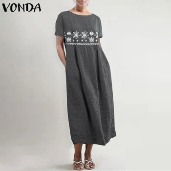 

Plus Size Shirt Dress Women's Summer Sundress 2020 VONDA Vintage Casual Cotton Maxi Dress Tunic Vestidos O Neck Long Robe Femme