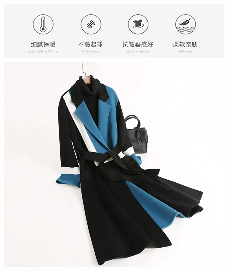 Новое роскошное шерстяное пальто для женщин, модный дизайн, контрастная прострочка, Длинная ветровка, элегантное, размера плюс, осенняя зимняя куртка F2174 - Цвет: Peacock blue