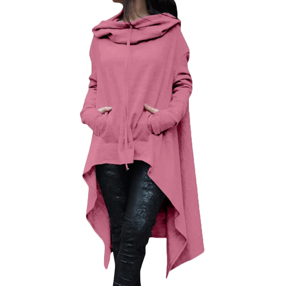  Autumn Plus Size Women Asymmetric Hoodie Solid Color Long Sleeve Hem Fishtail Hoodie Sweatshirt Pul