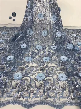 

Hot 5 yard African sequins french embroidery tulle lace fabric wedding party lace fabric 3 D flower lace fabric