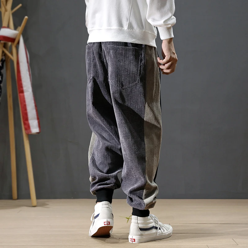 Autumn Fashion Men Jeans Loose Fit Spliced Designer Elastic Waist Corduroy Harem Pants Men Japanese Style 5