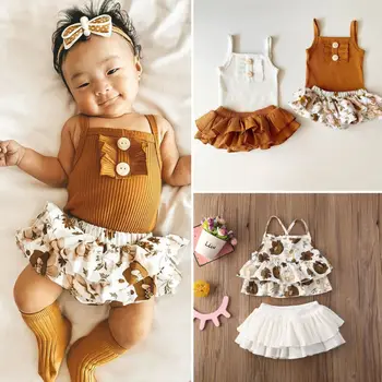 

Infant Baby Clothes Knitted Solid Sleeveless Bodysuit/Floral Vest+Flower Skirt Short/Tutu Dress Summer 2Pcs Set