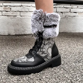 

PXELENA Handmade Brand NEW Faux Rabbit Fur Snow Boots Women Winter Warm Shoes Lace Up Military Motorcycle Plus Size 34-42