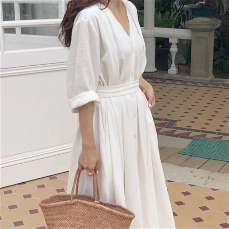 Ordifree летнее Boho женское Макси платье свободного покроя с поясом белое длинное пляжное платье праздничное платье