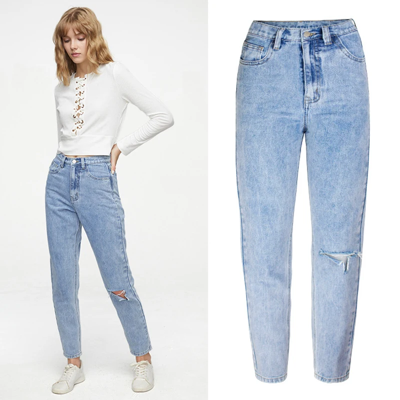 Light blue Женские джинсы на весну и осень, модные женские свободные повседневные брюки, женские брюки с высокой талией, свободные джинсы с дырками, женские брюки - Цвет: Light blue