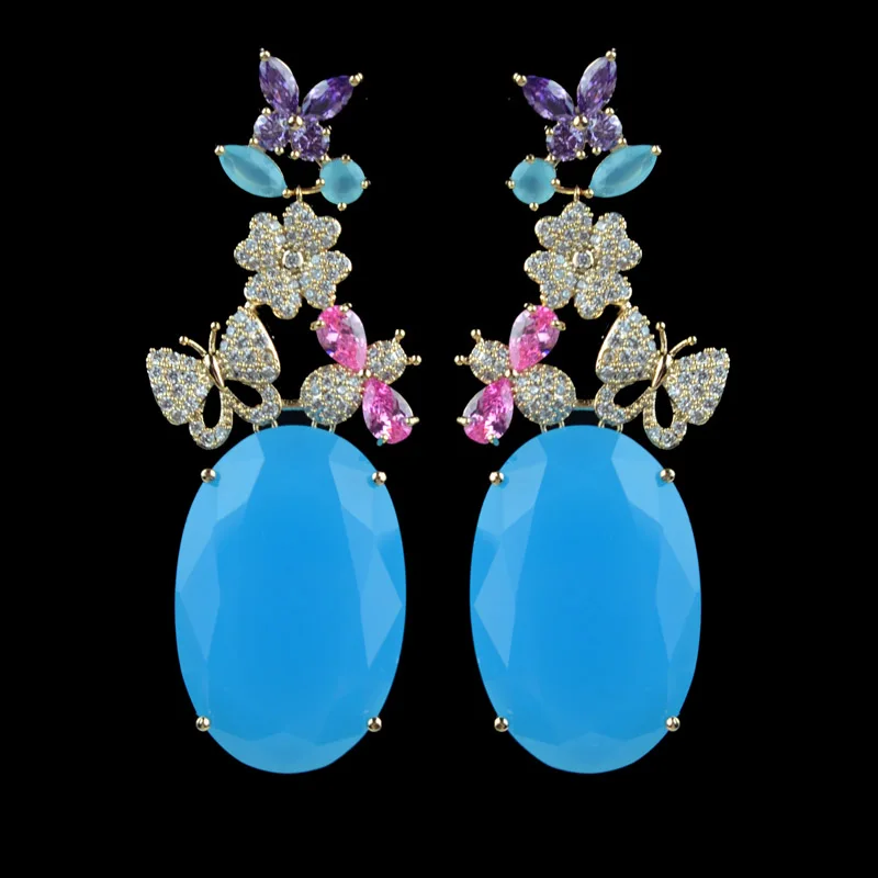 

Beautiful flower and butterfly design blue/pink color milk stone jewelry earrings for women wedding/party jewelry accessory