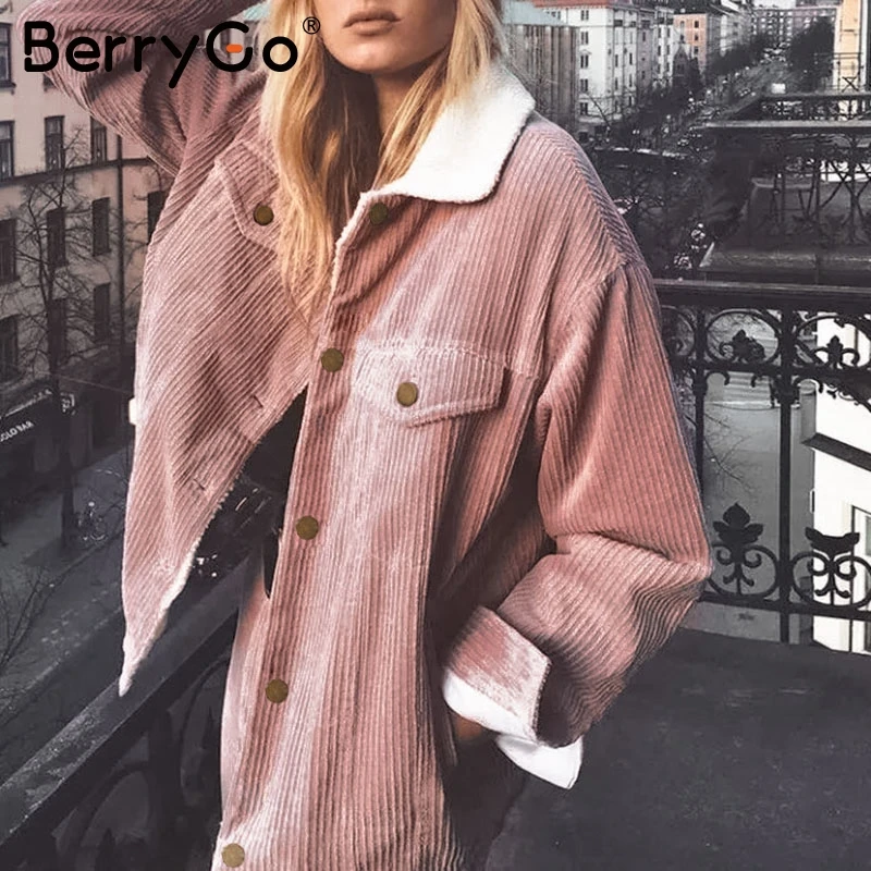 BerryGo Вельветовая зимняя куртка пальто Женская Повседневная куртка из овечьей шерсти с длинным рукавом женская теплая парка шикарная