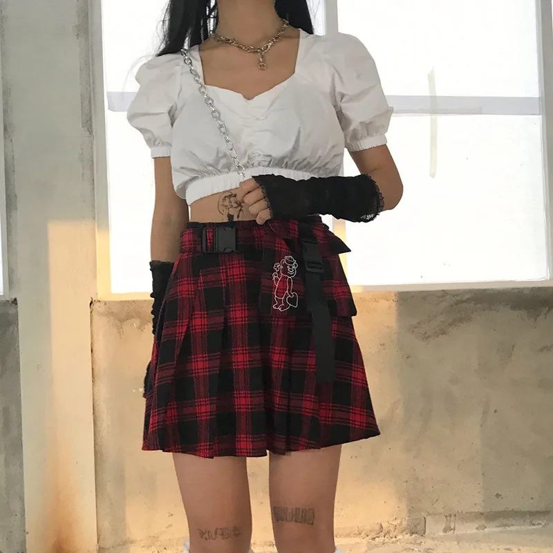 2020 Harajuku Tartan Red Women Skirt Sexy plaid Pleated Skirts Fashion Mini Skirt Pocket High Waist skirts womens drop ship