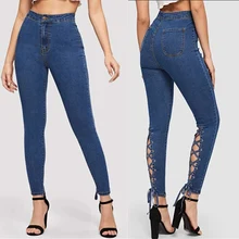 Женские джинсы, Эластичные Обтягивающие хлопковые брюки-карандаш с перфорированной лентой, джинсовые брюки из хлопка с эластичной резинкой на талии, модная женская одежда