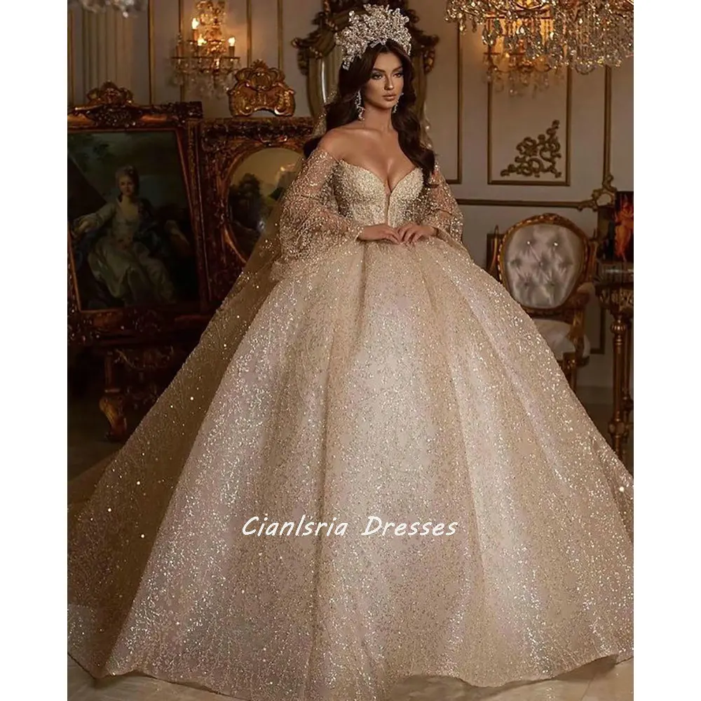 Gold Illusion Long Batwing Sleeve Dubai Ball Gown Wedding Dresses Off The Shoulder Crystal Diamond Saudi Arabic Bridal Gowns pink wedding dress