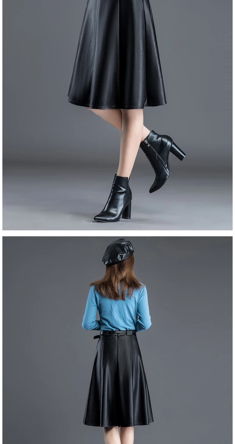 Женская одежда с высокой талией, корейского размера плюс, вареная кожа, черные плиссированные юбки, офисные женские элегантные повседневные юбки средней длины, M-4XL 1026
