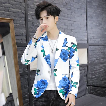 

Spring Autumn Men's FLoral Shot Blazers Jacket Slim Fit One Button Casual Coat Size M-XXXL Black White Blue B44