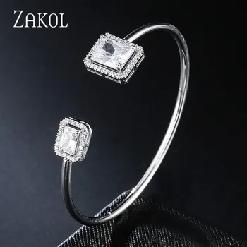 

ZAKOL Luxury Exquisite Rectangle Micro Pave CZ Zirconia Crystal Cuff Bangles for Women Fashion Party Jewelry FSBP2163