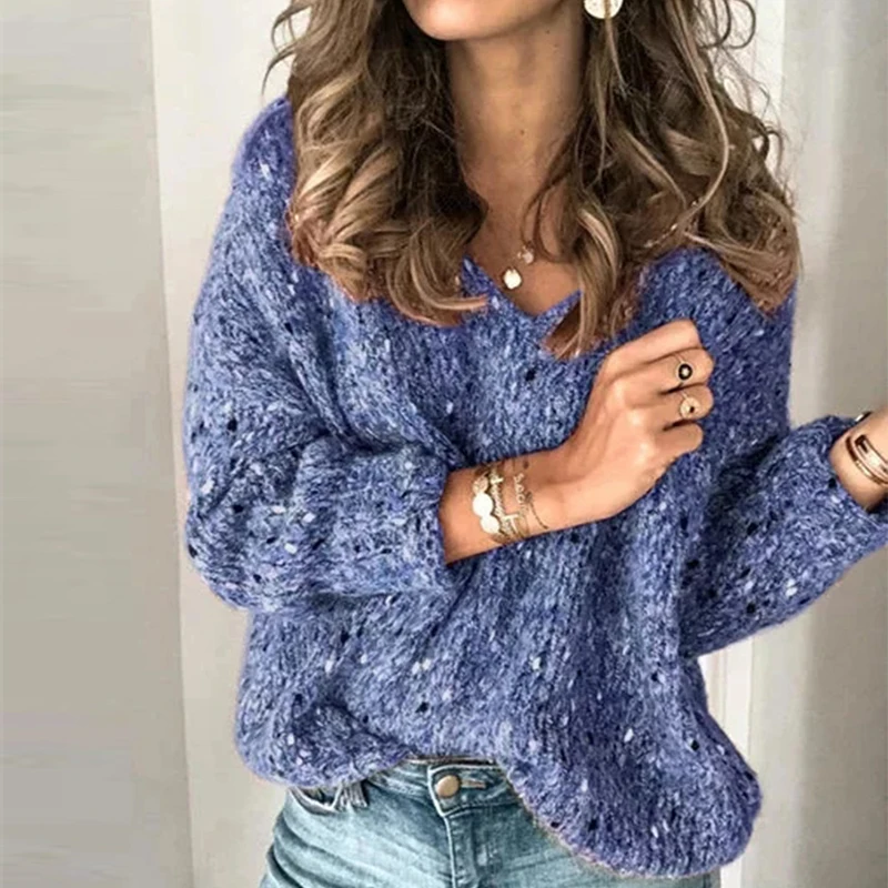 Sexy Women V-Neck Knitted Sweater Casual Solid Autumn Long Sleeve Pullover Tops Elegant Winter Warm Sweaters Jumper Pull Femme - Цвет: V-neck Blue