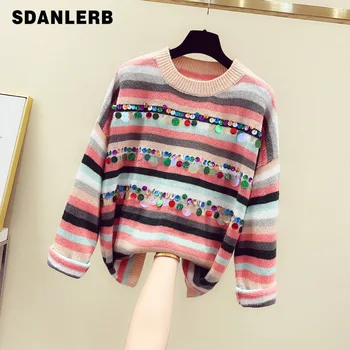 

Autumn Winter Rainbow Sequin Sweater Women New Korean Knitwear Lazy Wind Striped Sweater Girls Lady Loose Stripe Pullovers Femme