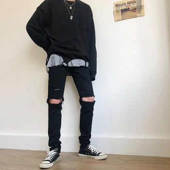 

Autumn New Jeans Men Slim Fashion Washed Solid Color Casual Denim Pants Man Streetwear Wild Hip-hop Hole Jeans Male Clothes