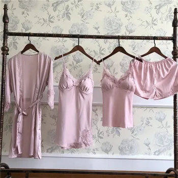 

Satin Homewear Wedding Robe Set Kimono Gown Women SEXY Bathrobe Home Clothing Intimate Lingerie Casual Pink Nightwear Sleepwear