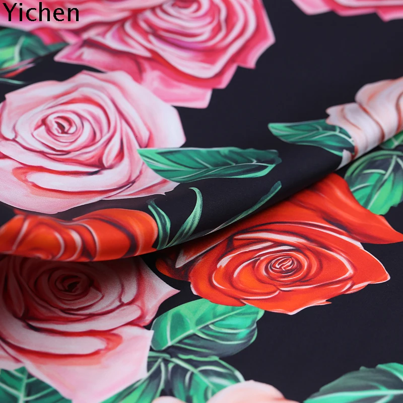 Красный/розовый принт розы шелковая ткань черный стрейч Атлас натуральный шелк спандекс ткани для платья шириной 108 см 19momme