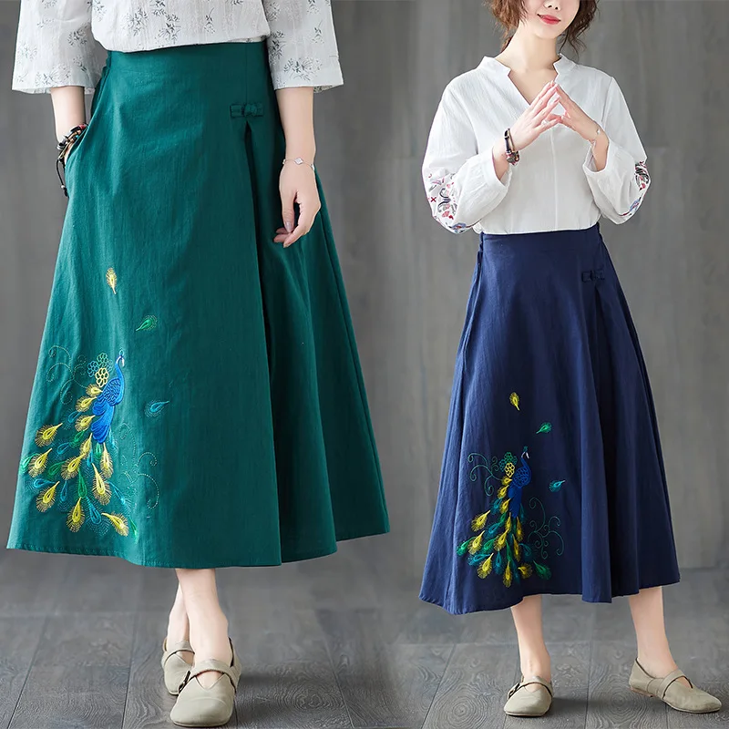 

Retro National Wind Skirt Peacock Embroidery Loose Casual Elastic Waist Chinese-style Embroidered Dress