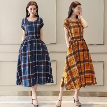 

Short Sleeved Women Dress Summer Mid-Calf O-Neck Woman's Vintage Plaid Dress