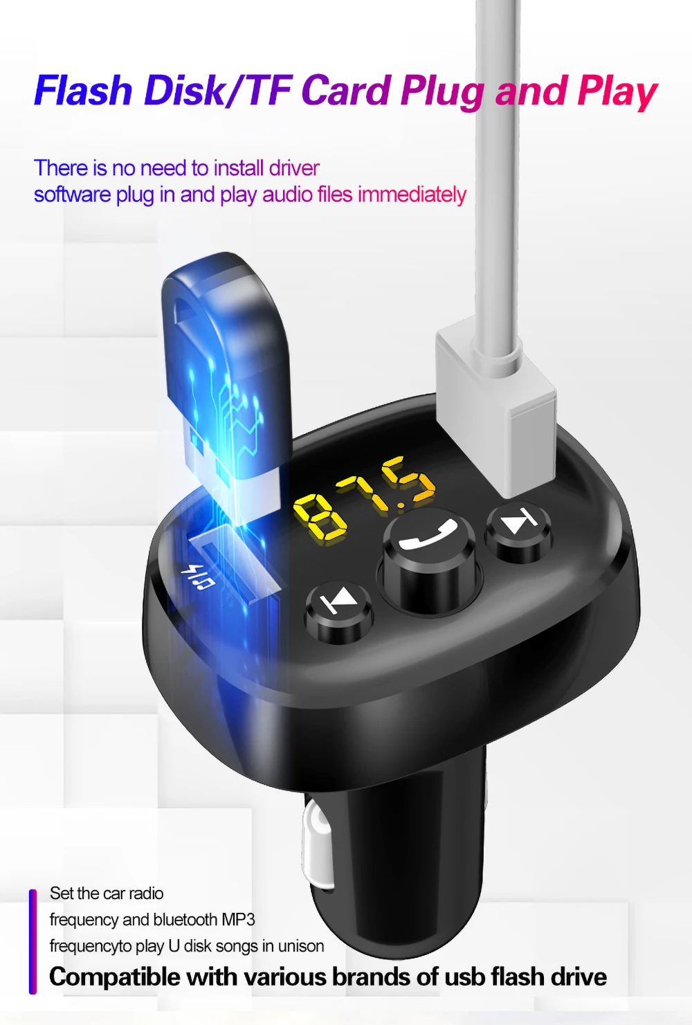 Автомобильное зарядное устройство USB с fm-передатчиком, аудио mp3-плеер, Bluetooth 5,0, приемник, двойное зарядное устройство USB, TF карта, музыкальный автомобильный комплект HandFree