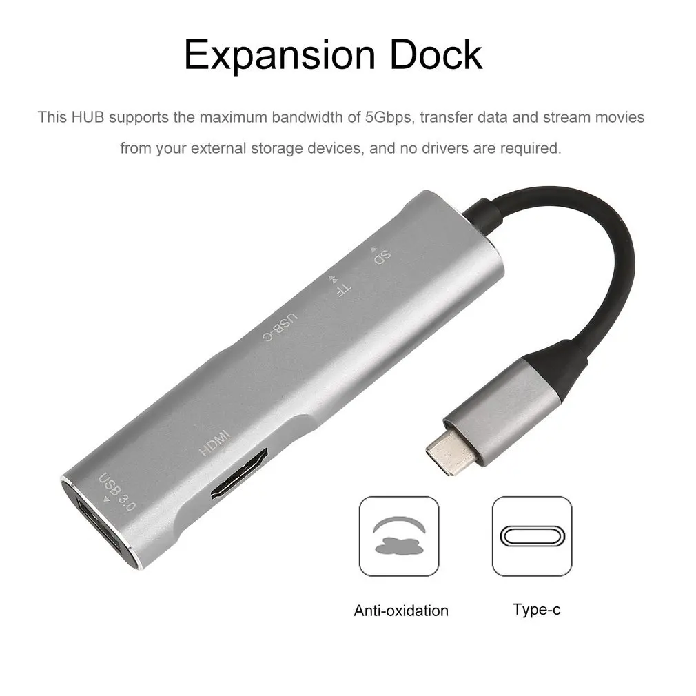 

USB 3.1 Type C 5 in 1 Multifunctional Expansion Dock 4K HDMI USB3.1 Interface with Secure Digital Memory Card/TF Card Reader