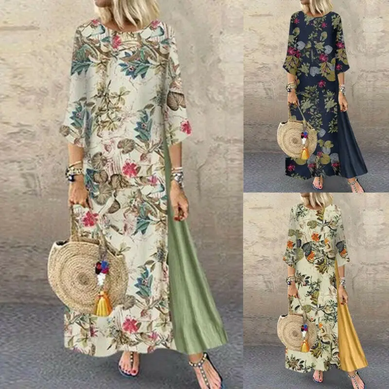 Boho женское хлопковое льняное свободное нарядное платье Летнее цветочное платье длиной до щиколотки плюс размер Лето Новое
