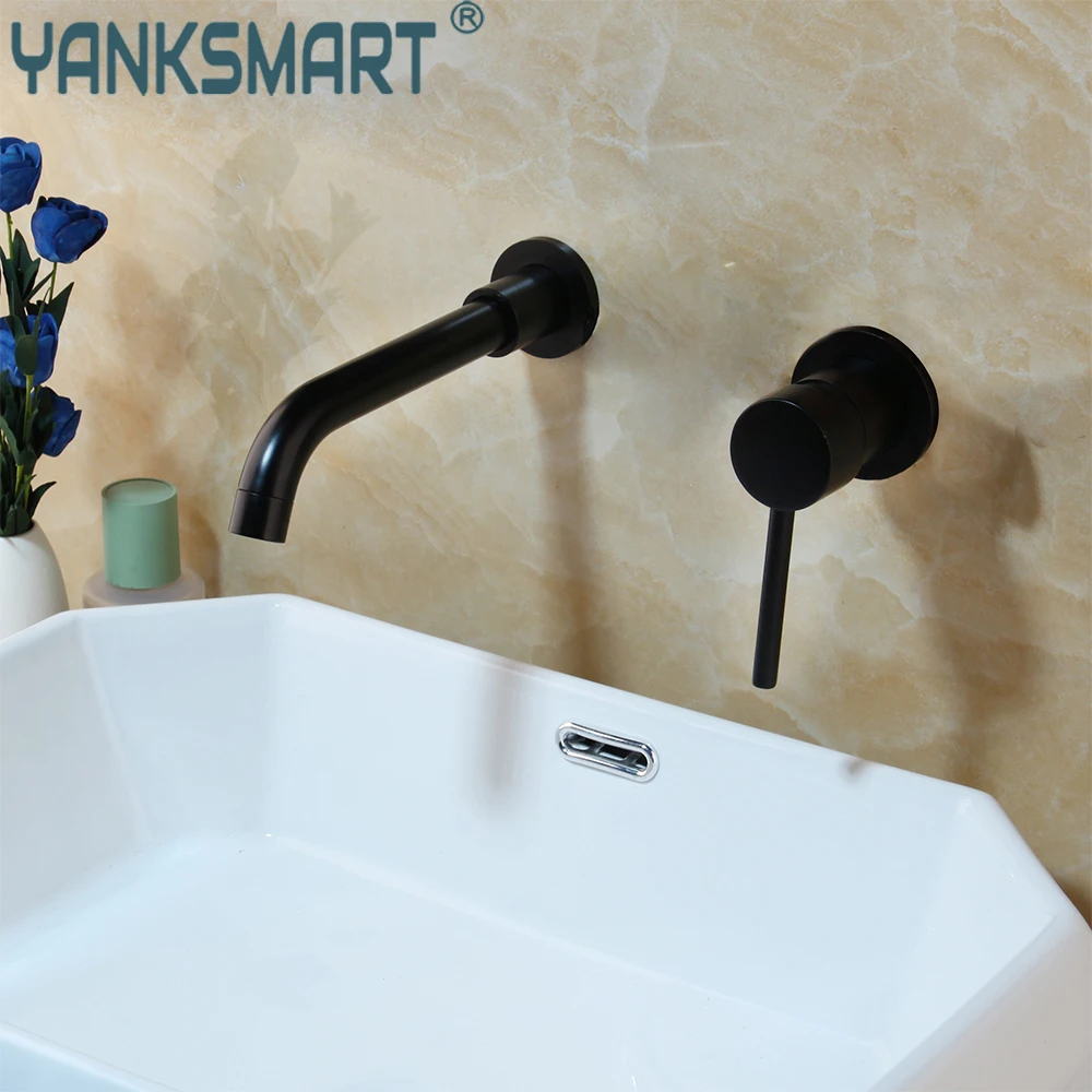 2PCS Black Bathroom Faucet Single Handle Wall Mount Dual Handles Basin Mixer Tap 