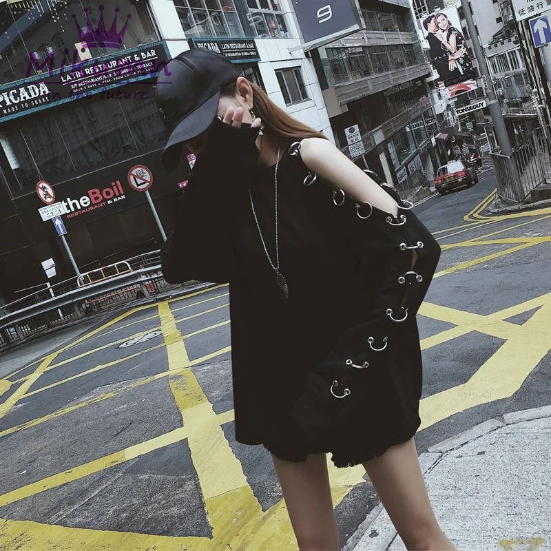 Harajuku черный сексуальный с открытыми плечами выдалбливают железные кольца с длинным рукавом Повседневная Свободная кофточка Женский пуловер готический панк уличная