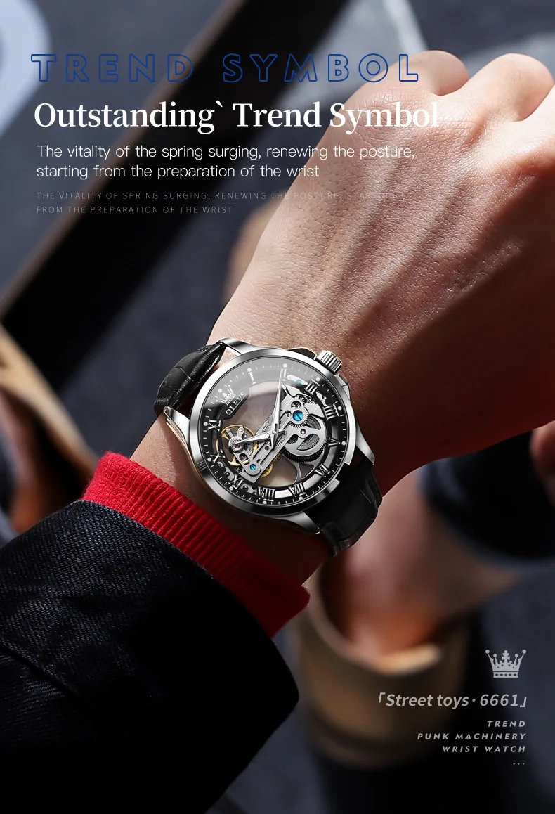 OLEVS Luxury Men Watches Automatic Mechanical Wristwatch Skeleton Design Waterproof Leather Strap Male Watch  Reloj Hombre