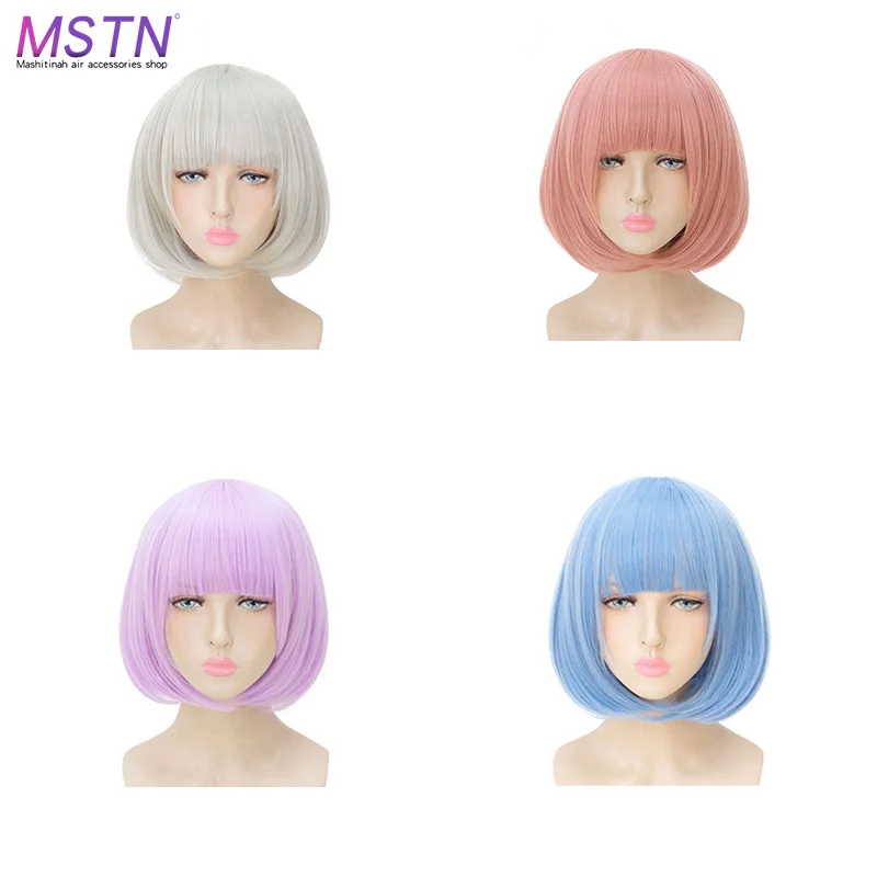 

MSTN Short Straight Bob Cosplay Wig with Bangs for Party Costume Dark Blue Dark Purple High Temperature Synthetic Hair Wigs