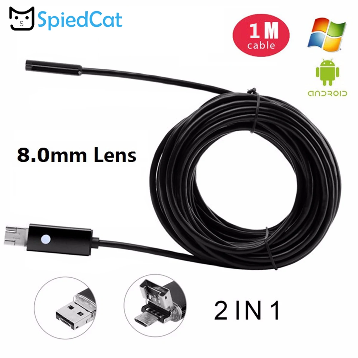 SPIED CAT Mini 8mm lens 6LED 2in1 1M Soft Cable Endoscope Camera Snake Car inspection Pipe micro USB For Android Phone PC Window