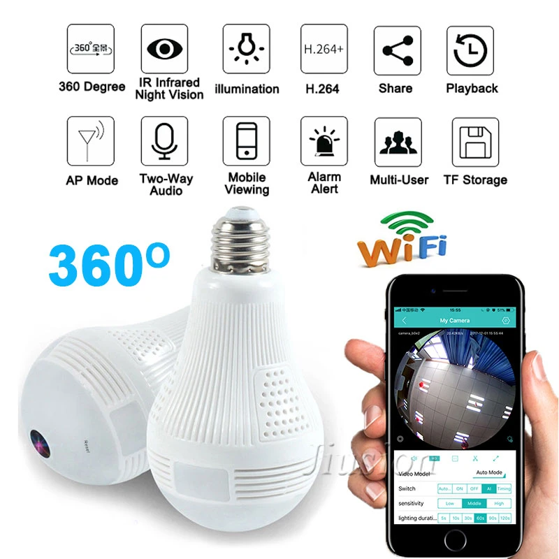 960p hd led bombilla wifi mini camara vr vista panoramica de ojo de pez de cctv ip de casa monitor ninera vigilancia micro camara espia oculta