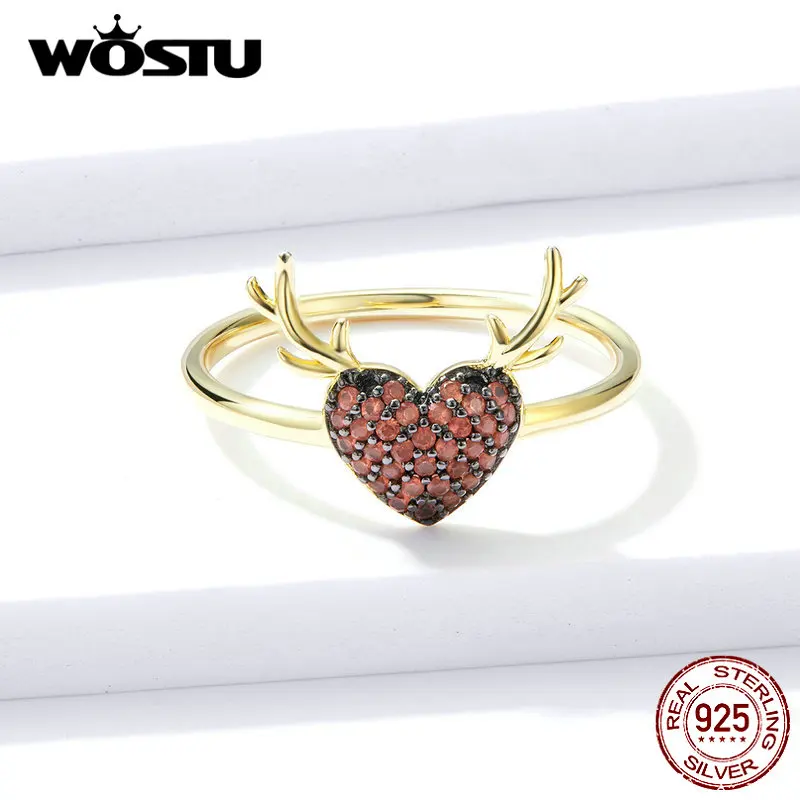 WOSTU, 925 пробы, серебряные кольца в форме рога и сердца для женщин, обручальное кольцо с цирконием, Золотое кольцо, ювелирные изделия для влюбленных, подарок DAR091