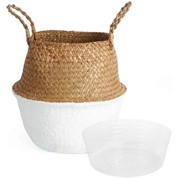 

Woven Basket with Handles For Storage Plant Pot Basket,Toy, Laundry, Picnic and Grocery Basket with Plastic Tray