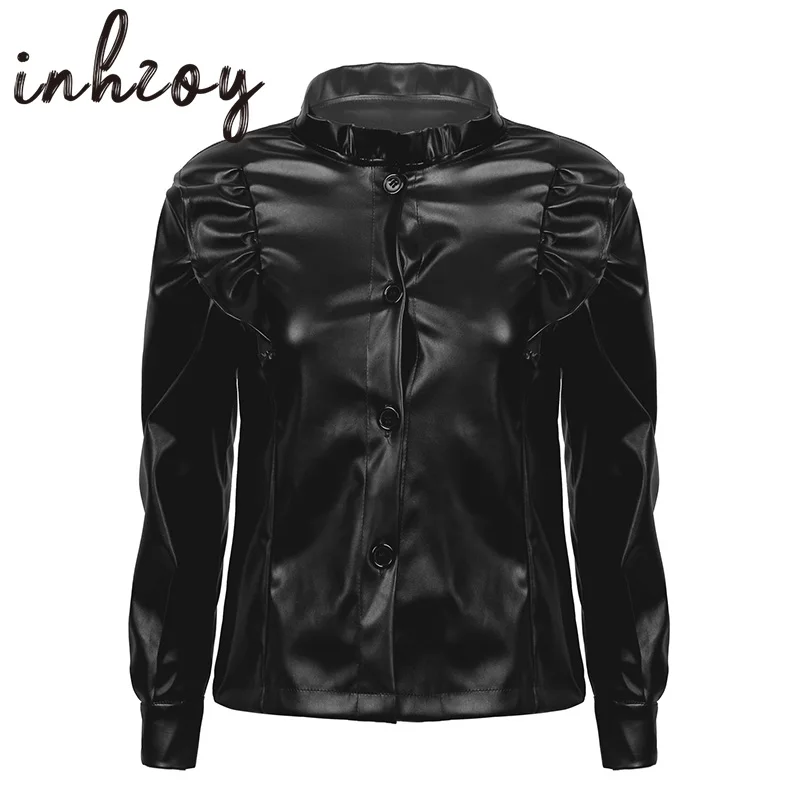 

Women Black PU Leather Shirts Fashion Autumn Ladies Stand Collar Ruffle Long Sleeve Buttoned Blouse Gothic Rave Tops Clubwear