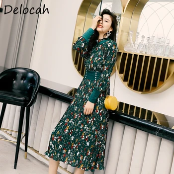 

Delocah Spring Women Dress Runway Fashion Designer Lantern Sleeve Printed Vintage Style Party Pleated Pleated Midi Dresses