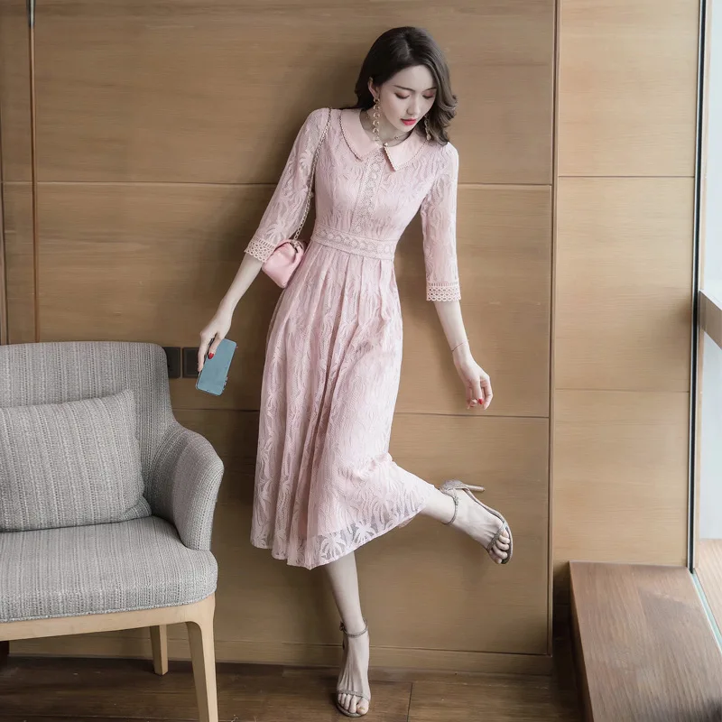 

WOMEN'S Dress 2019 Early Spring New Products Korean-style Elegant Peter Pan Collar by Age Waist Hugging Medium-length Lace Dress