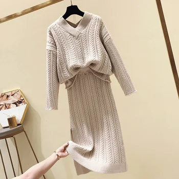 

winter new women sets knitted v-neck sweater pullovers and A-line knee-length skirts office lady elegant skirts suits
