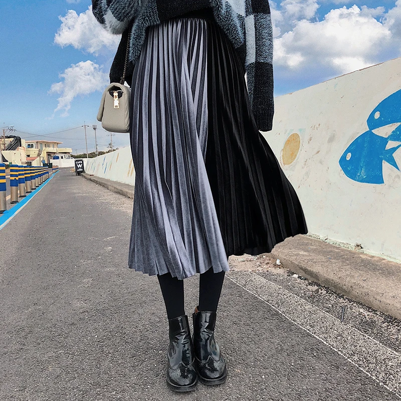 

2019 Autumn Winter Metallic Colors Velvet Pleated Skirts Patchwork Restro Warm Women Midi Skirts Vintage A-line Haut Women Skirt