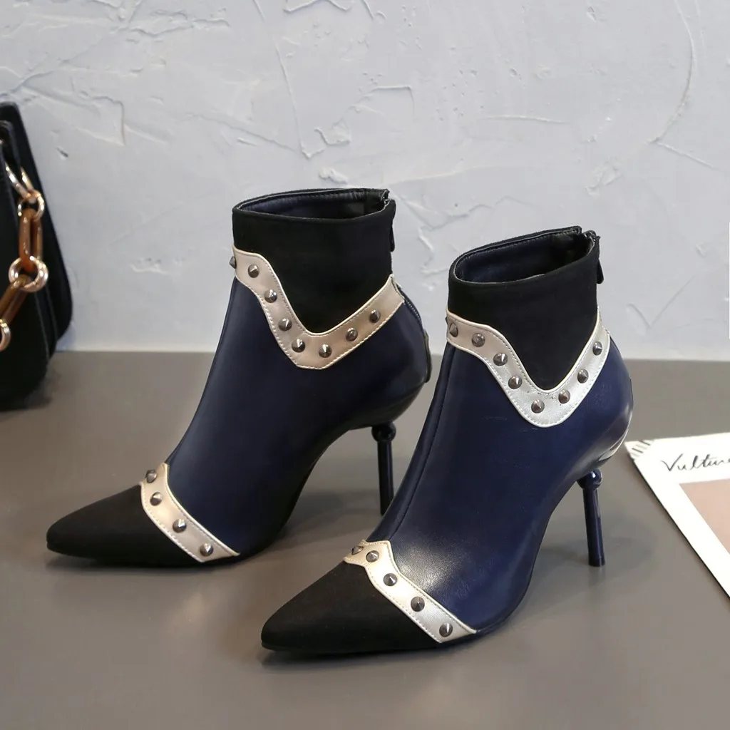 Обувь; женские зимние ботинки; женская обувь; zapatos de mujer; женские модные короткие ботинки с вышивкой и металлическими украшениями; Уникальные ботильоны на высоком каблуке