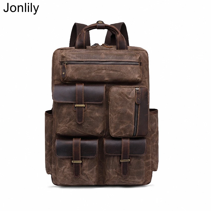 

Jonlily Men's Wax Canvas Retro Backpack High Capacity Hiking Bag Fashion Travel Backpack City Daypack Purse for Male -KG478