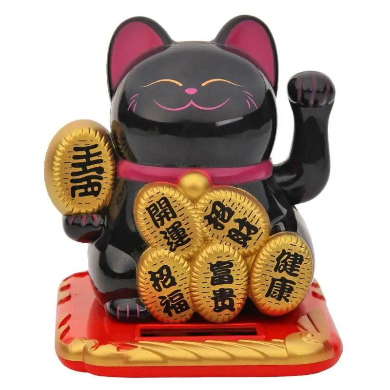 3,5 дюймов Lucky Cat Солнечный манящий Средний ручной развевающийся фэн-шуй Декор для дома, с изображением кота украшения автомобиля креативные подарки - Название цвета: Черный