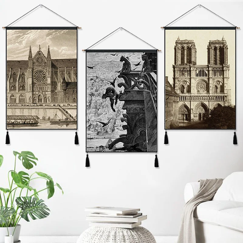 Old Photo of Notre Dame de Paris France Travel Hanging Cloth Cotton Line Paintings Poster Home Decor Wall Tapestry Gift | Дом и сад