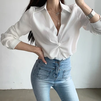 

Deep V-Neck Women Shirt Pure Color Tops Spring Summer Autumn Female Long Sleeve Elegant Office Lady Blouse