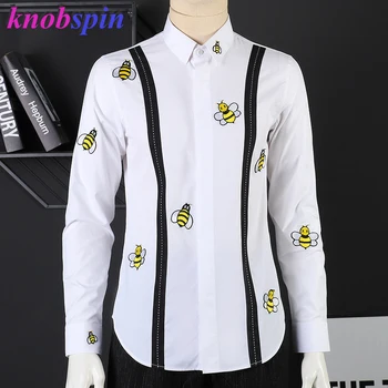 

High-end Men's Shirt Bees Embroidery Long sleeve Ribbon Stitching Chemise Social homme Plus size high quality Pure Cotton Shirts