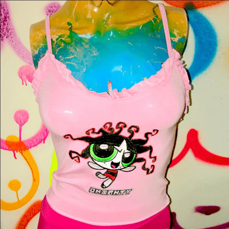 New Embroidery Pink Camis Tops Women Summer Sexy Streetwear Cartoon Powerpuff Print Cropped Cute Sleeveless Ruffle Vest 2020