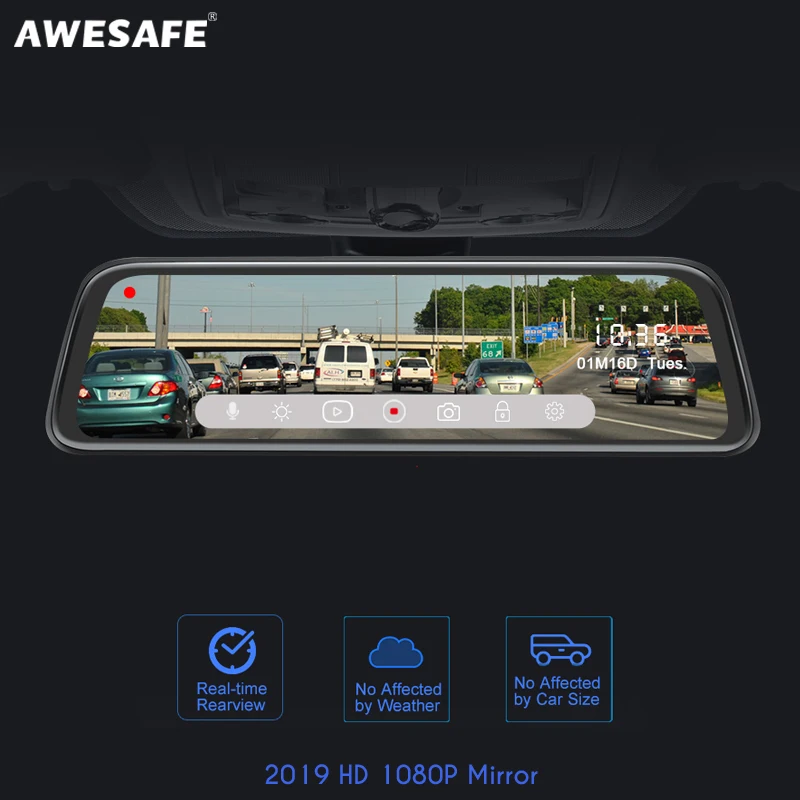 AWESAFE 10'' IPS Touch Screen 1080P Car DVR Dual Lens DashCam Parking monitor Rear view Mirror camera Driving Recording Recorder