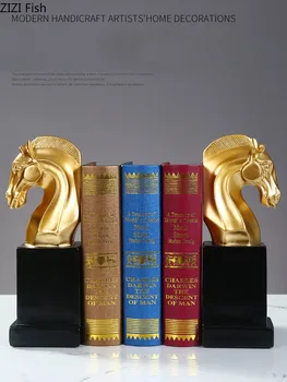 

2 Pcs/set Home Study Library Bookend Golden Horse Head Ornaments Resin Furnishings Bookshelf Accessories Nordic Home Decoration